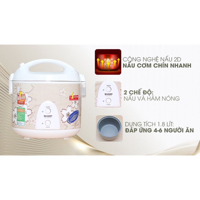 Nồi cơm điện Sharp 1.8 lít KS-N191ETV  - Hàng Mới 100% Chính Hãng - Sản Suất Thái Lan và việt nam