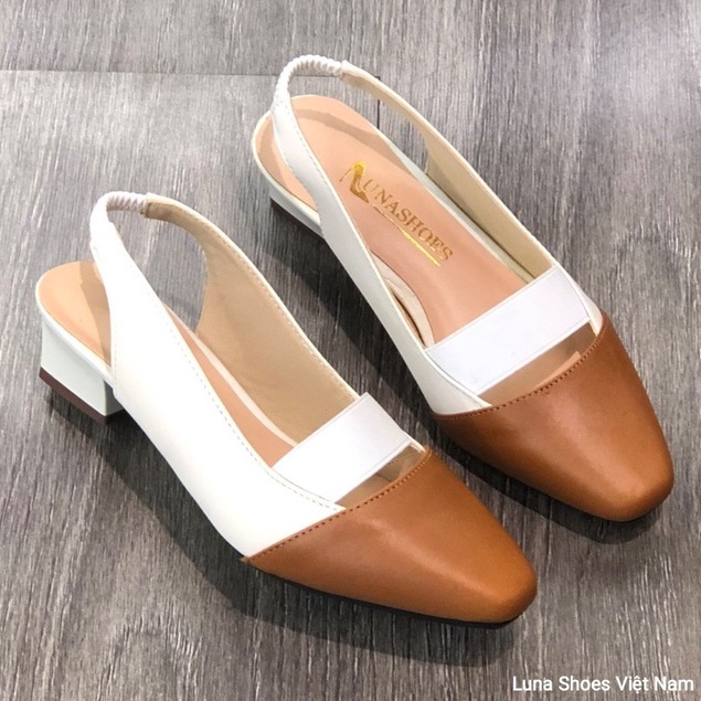 Giày cao gót mũi tròn đế vuông 5p LUNASHOES 8005 da bò thật giầy sandal nữ bảo hành 2 năm không đau chân