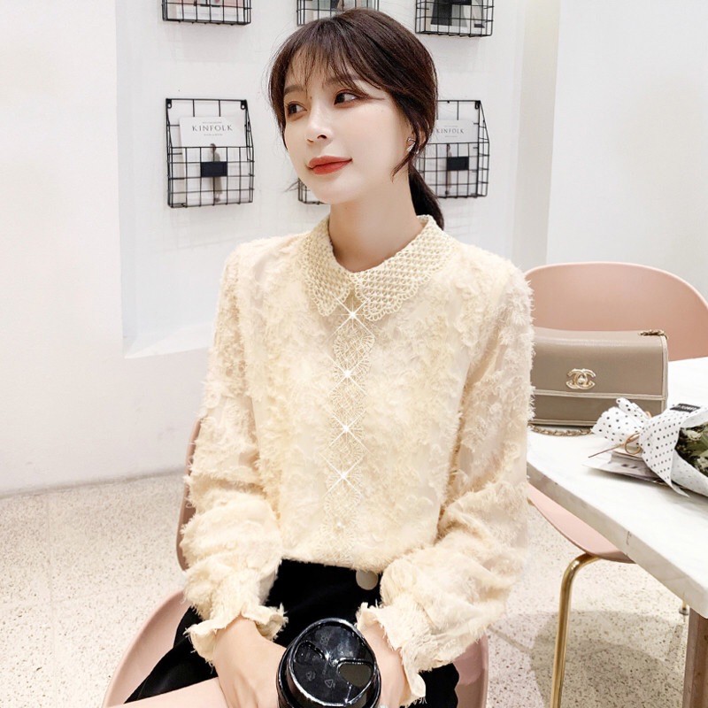 Áo ren nữ cao cấp thiết kế cổ sơ mi cách điệu duyên dáng, trẻ trung NV0484