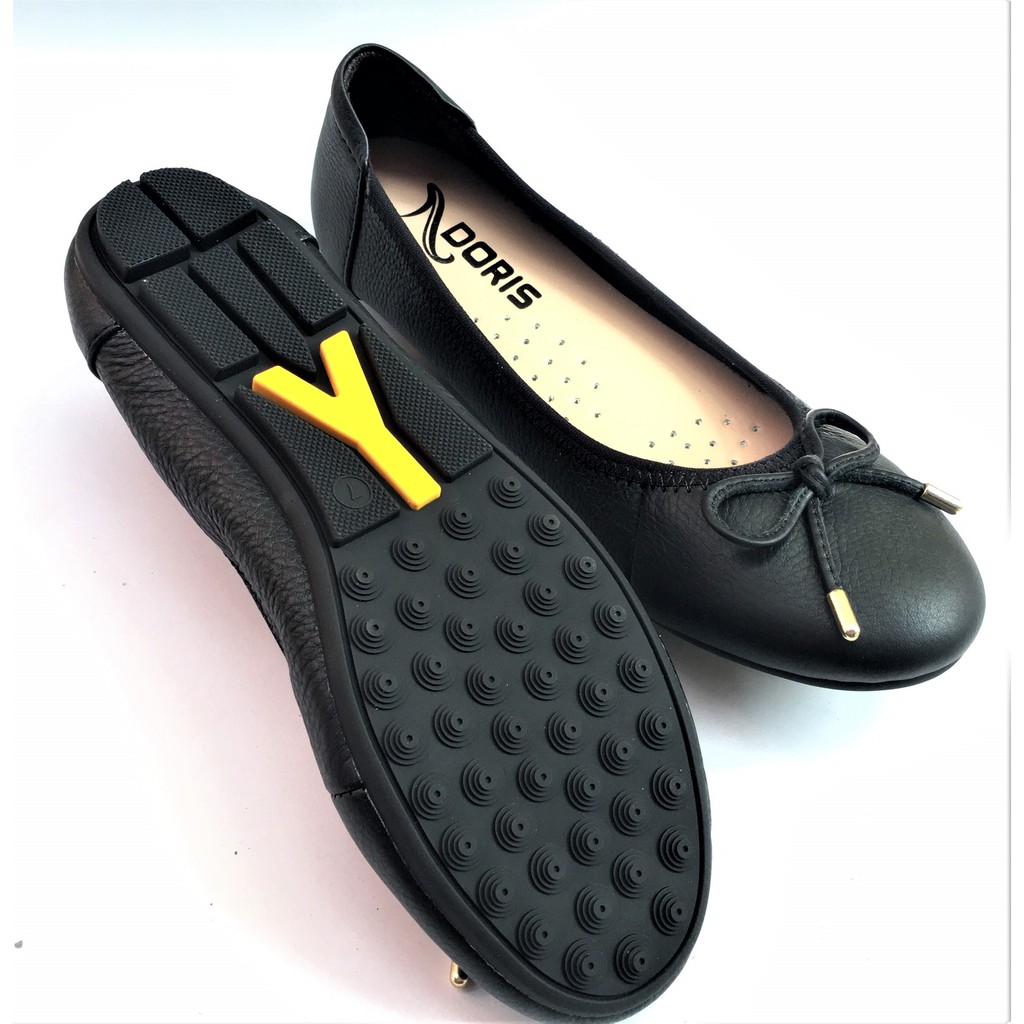 Giày búp bê nữ ❤️FREESHIP❤️ da thật mũi tròn gắn nơ nhỏ màu đen DORIS DR007. | BigBuy360 - bigbuy360.vn