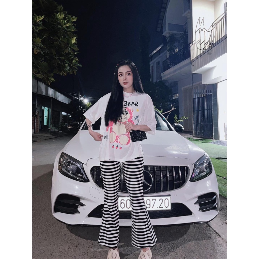 Set bộ gấu pink quần ống loe thun gân free size