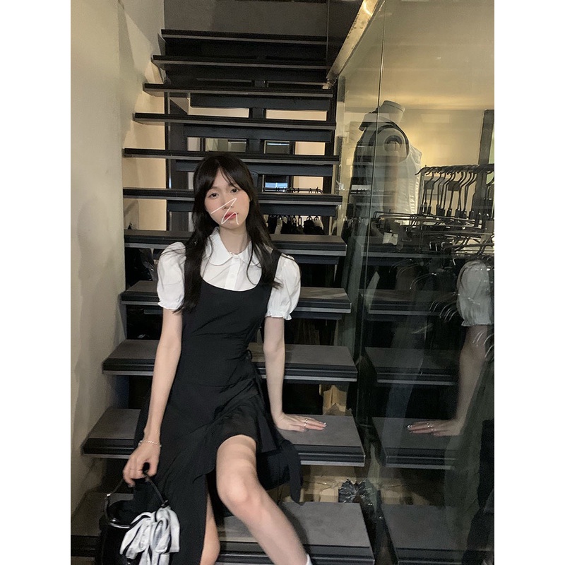 Set đầm yếm khoét tà cách điệu kèm áo sơ mi trắng đen phong cách nữ sinh ulzzang dễ thương
