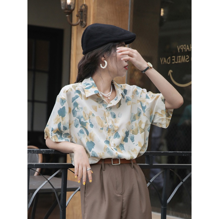 Áo sơ mi kiểu nữ Thiết kế Voan hoa Ngắn tay Retro Mùa Hè Ulzzang Thời trang Áo sơ mi nữ kiểu Form rộng Thời trang