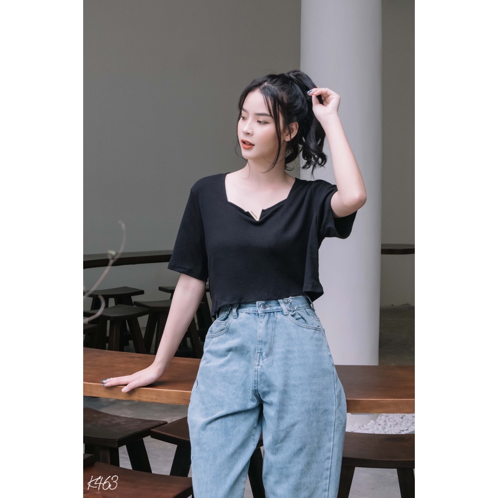 Áo croptop nữ tay ngắn cổ vuông chữ V form rộng dòng cao cấp hàng VNXK V FASHION K463