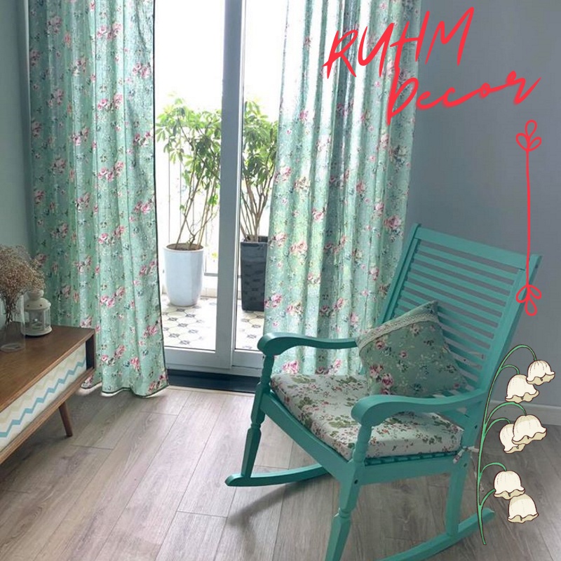 Rèm cửa đẹp trang trí vải bố linen đậm chất nghỉ dưỡng thư giãn - họa tiết Hoa xanh vintage R-K04