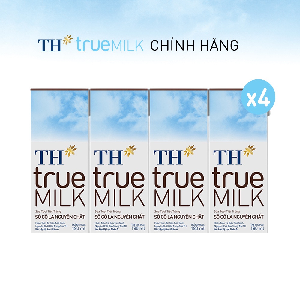 4 Lốc sữa tươi tiệt trùng sôcôla nguyên chất TH True Milk 180ml (180ml x 4 hộp)