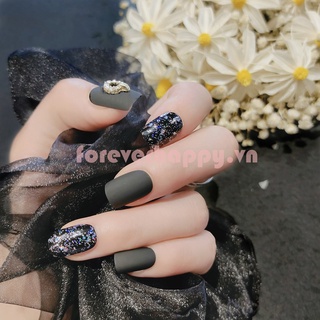 [Hàng mới về] 24 Móng tay giả tông màu đen nhám chiều dài vừa thiết kế thời trang có thể tháo rời tiết kiệm thời gian