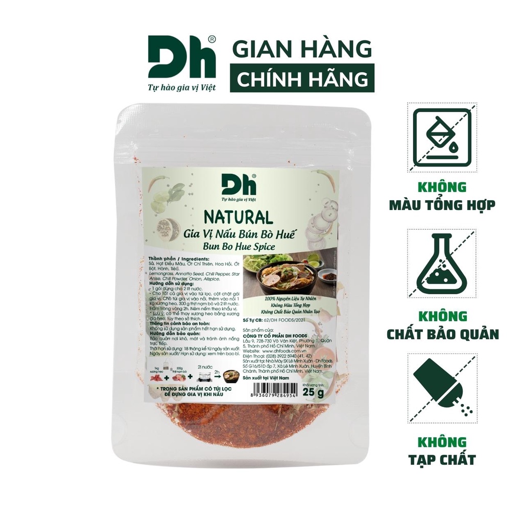 Gia vị nấu bún bò huế Natural DH Foods nêm sẵn thành phần tự nhiên gói 25gr - DHGVT92