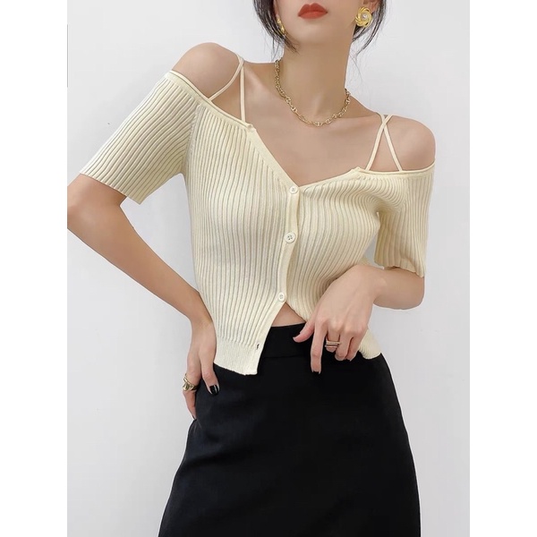 áo len dệt kim trễ vai dây nhỏ V (0622-1#)