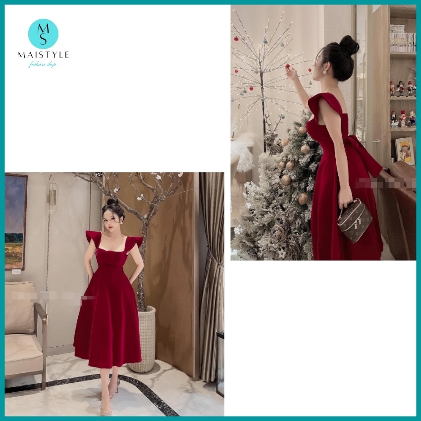Đầm nữ MAISTYLE Váy nhung xòe tiểu thư đỏ 2 dây sang trọng dự tiệc MY1091 | BigBuy360 - bigbuy360.vn