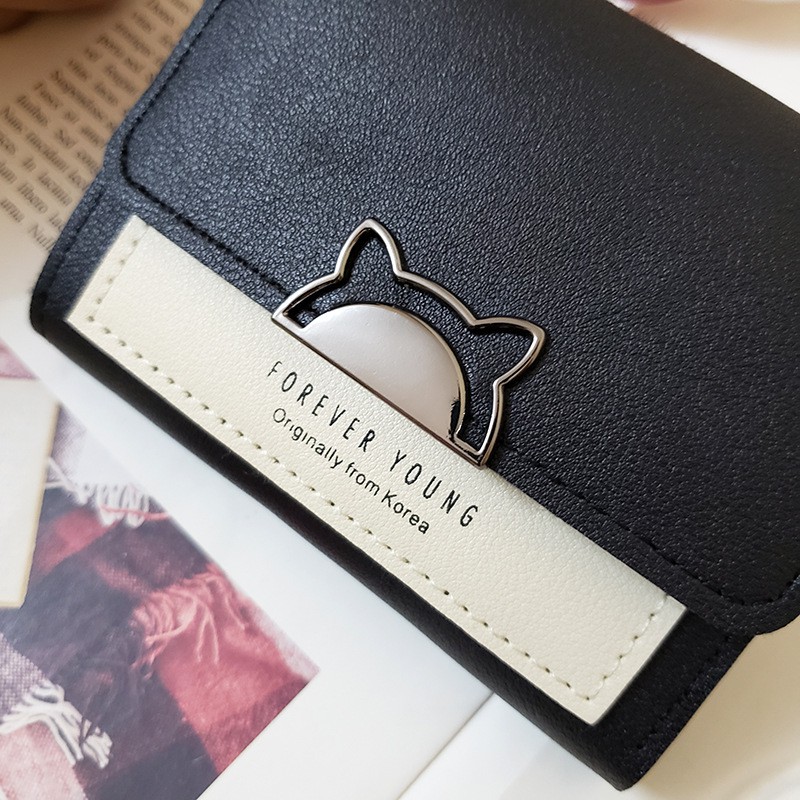 Ví ngắn đa năng có ngăn đựng thẻ họa tiết mèo màu tương phản phong cách mori Hàn Quốc xinh xắn cho nữ