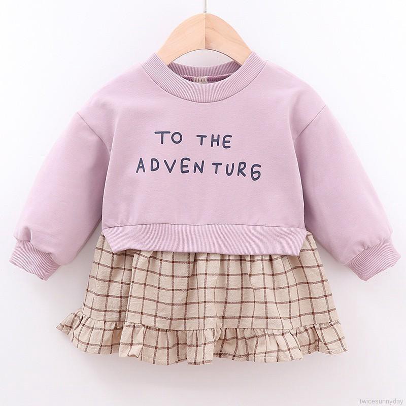 Đầm dài tay phối họa tiết ca rô đáng yêu dành cho bé gái