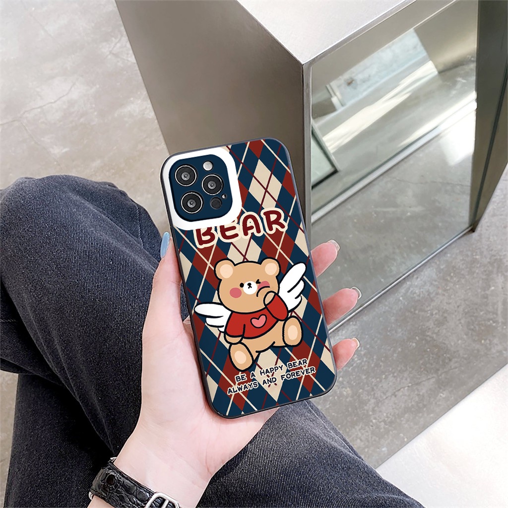 Ốp lưng iphone vuông lỗ viền camera caro bear nice day 7plus x xsmax 11 11promax 12 12pro 12promax 13 13pro 13promax