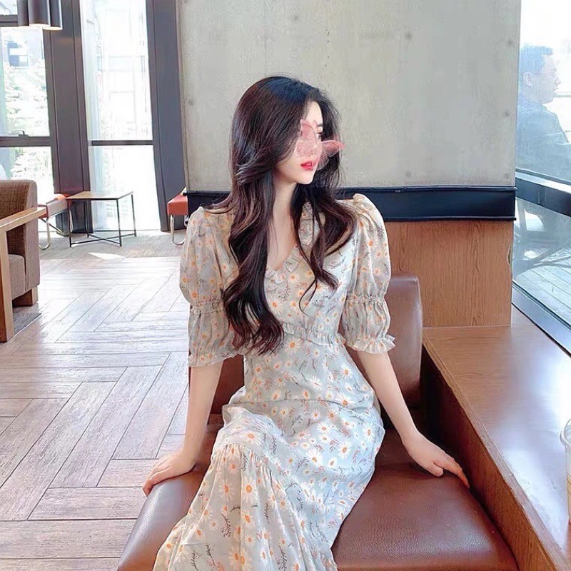 Váy hoa nhí cổ V  tay lỡ đuôi cá dáng dài màu xanh meit  nhẹ nhàng -Co Sẵn - ulzzang loại 1  -tiểu thư kèm ảnh thật | BigBuy360 - bigbuy360.vn