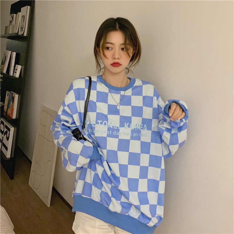 Áo sweater tay dài dáng rộng sọc ca rô phối màu sắc tương phản trẻ trung thời trang dành cho nữ | BigBuy360 - bigbuy360.vn