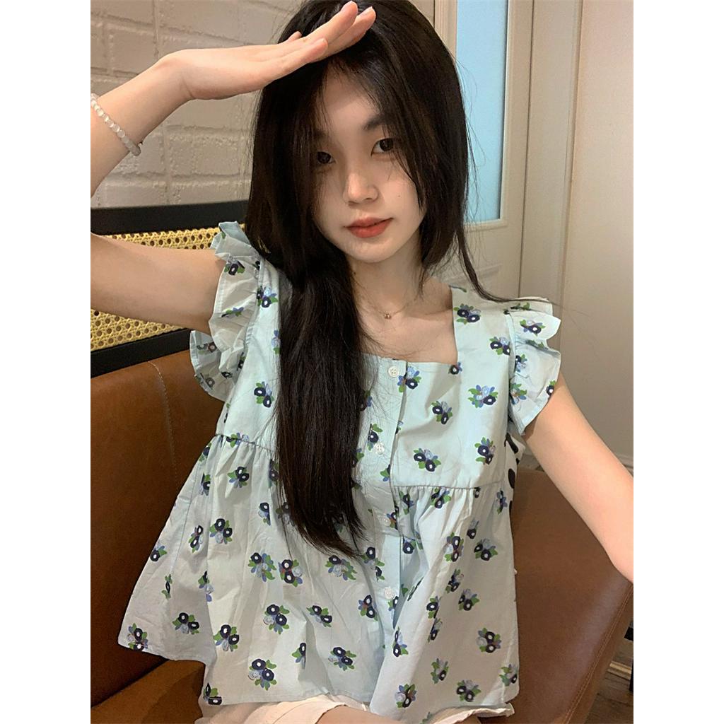 Áo Kiểu Cổ Vuông Tay Cánh Tiên Họa Tiết Hoa Nhỏ Xinh Xắn 63192