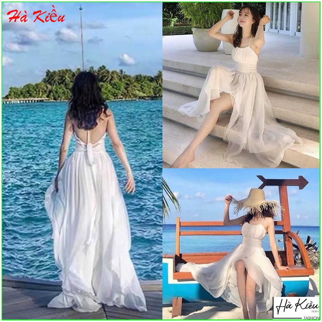 Đầm maxi trắng đi biển hay dây hớ lưng xẻ tà Hakieu MSP042