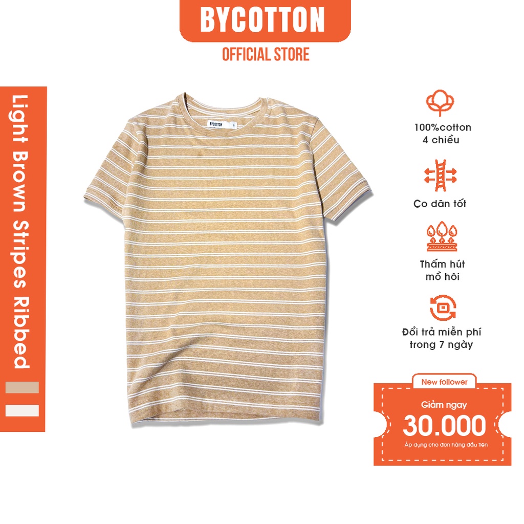 Áo Thun Gân Ngắn Tay Cổ Tròn Nâu Nhạt Phối Sọc BY COTTON Light Brown Stripes Ribbed Tee