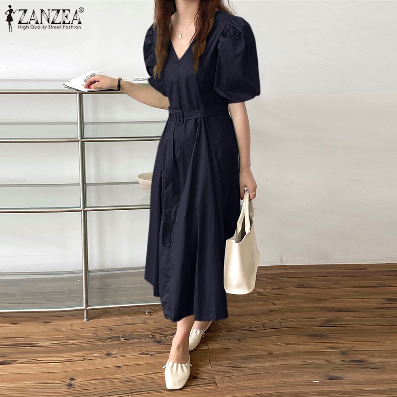 Đầm Zanzea tay phồng cổ chữ V phong cách Hàn Quốc thời trang cho nữ