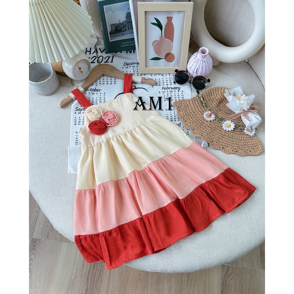 (8-20kg) Váy bé gái Đầm tầng pha màu gắn hoa thật bé gái TB105