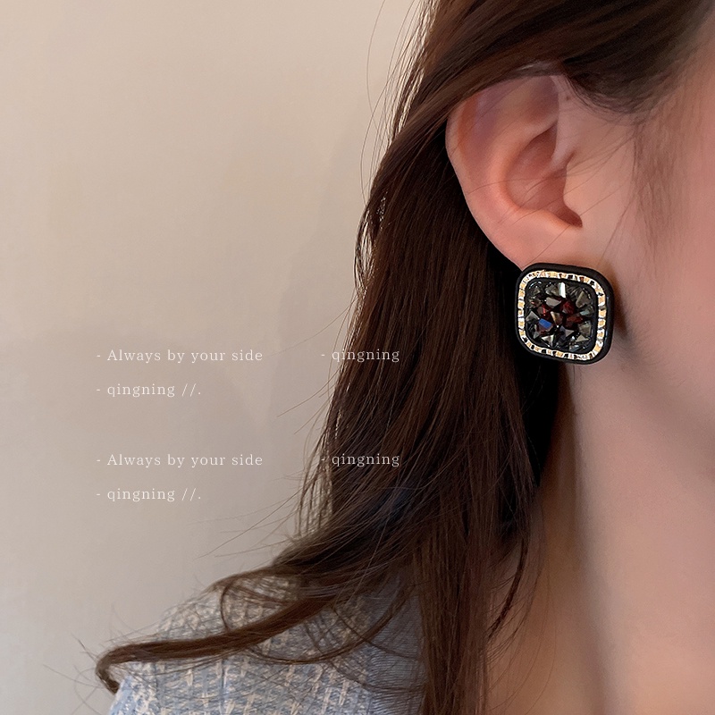 DREJEW Bông Tai Hình Vuông Màu Đen Đính Kim Cương Bạc Thời Trang Sang Trọng Cho Nữ