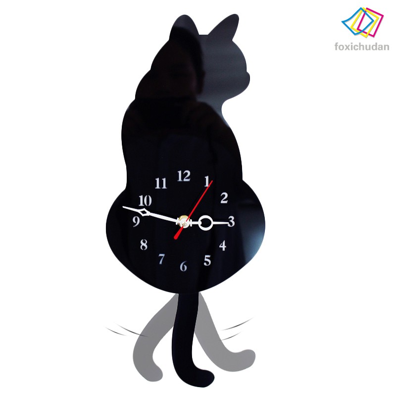 FCD☆  Creative Fashion New Silent White/Black Wagging Tail Cat Wall Clock Household Decorative Clock