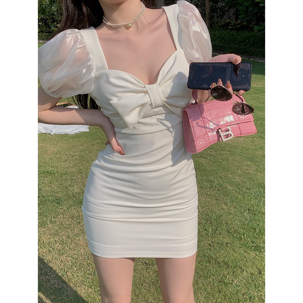 (ORDER) Váy cổ vuông tay phồng phối voan ôm body dáng A-line cổ đính nơ điệu đà sang chảnh (HÀNG_MỚI_VỀ) -1