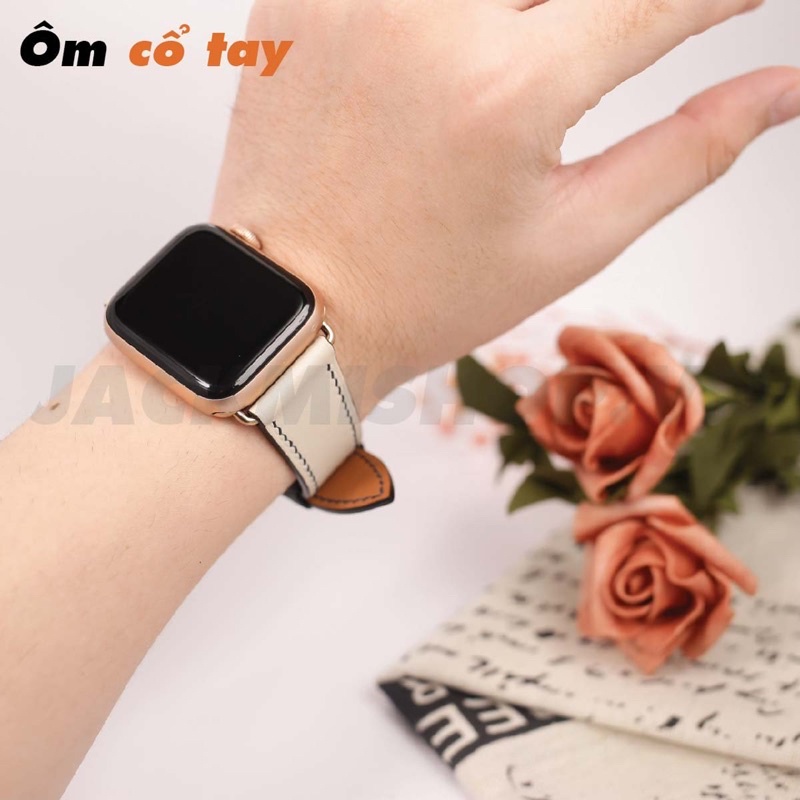 [DÂY DA THẬT] DÂY DA BÊ SWIFT MAY TAY THỦ CÔNG MÀU KEM CHỈ ĐEN KHÓA BƯỚM CHO APPLE WATCH SERIES 1=&gt;6 (BẢO HÀNH 1 NĂM)