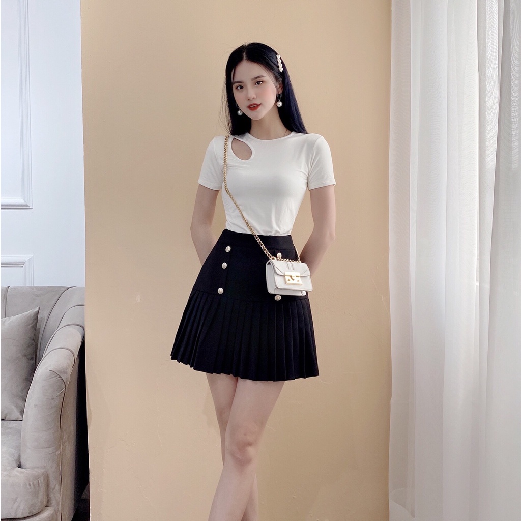 Chân váy 2 hàng cúc eo, xếp li tôn dáng, tiểu thư sang trọng CV1144 KYMIE