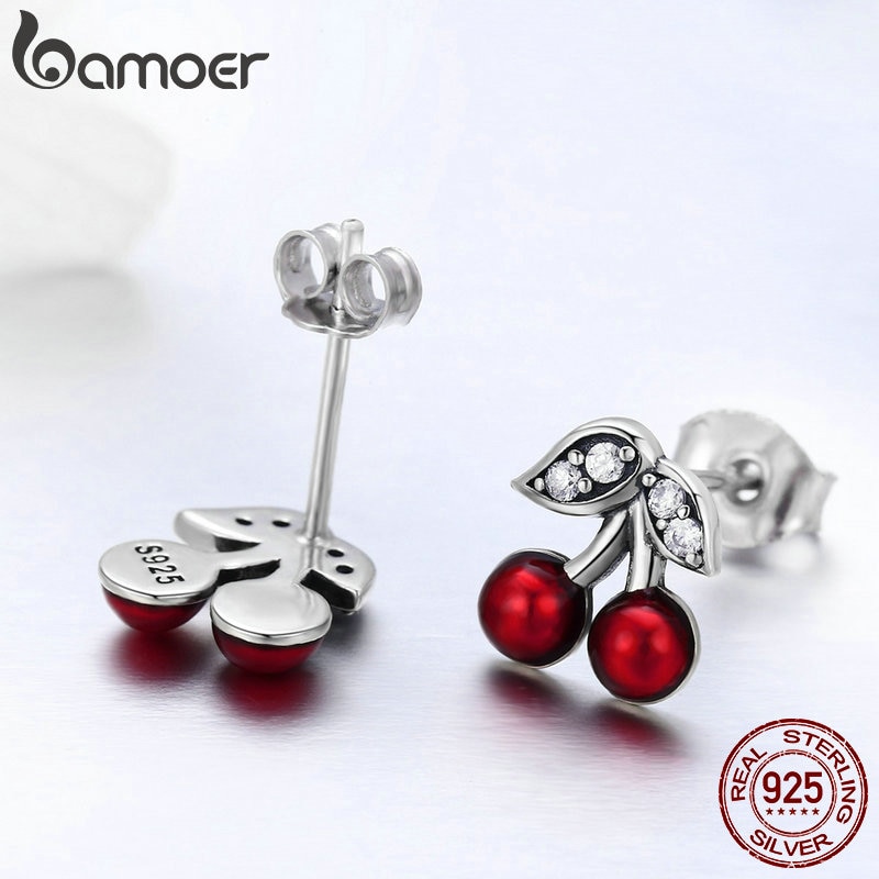 Đôi bông tai BAMOER SCE404 bằng bạc 925 tạo hình trái anh đào mùa hè nạm đá đỏ CZ dành cho làm quà tặng cho nữ