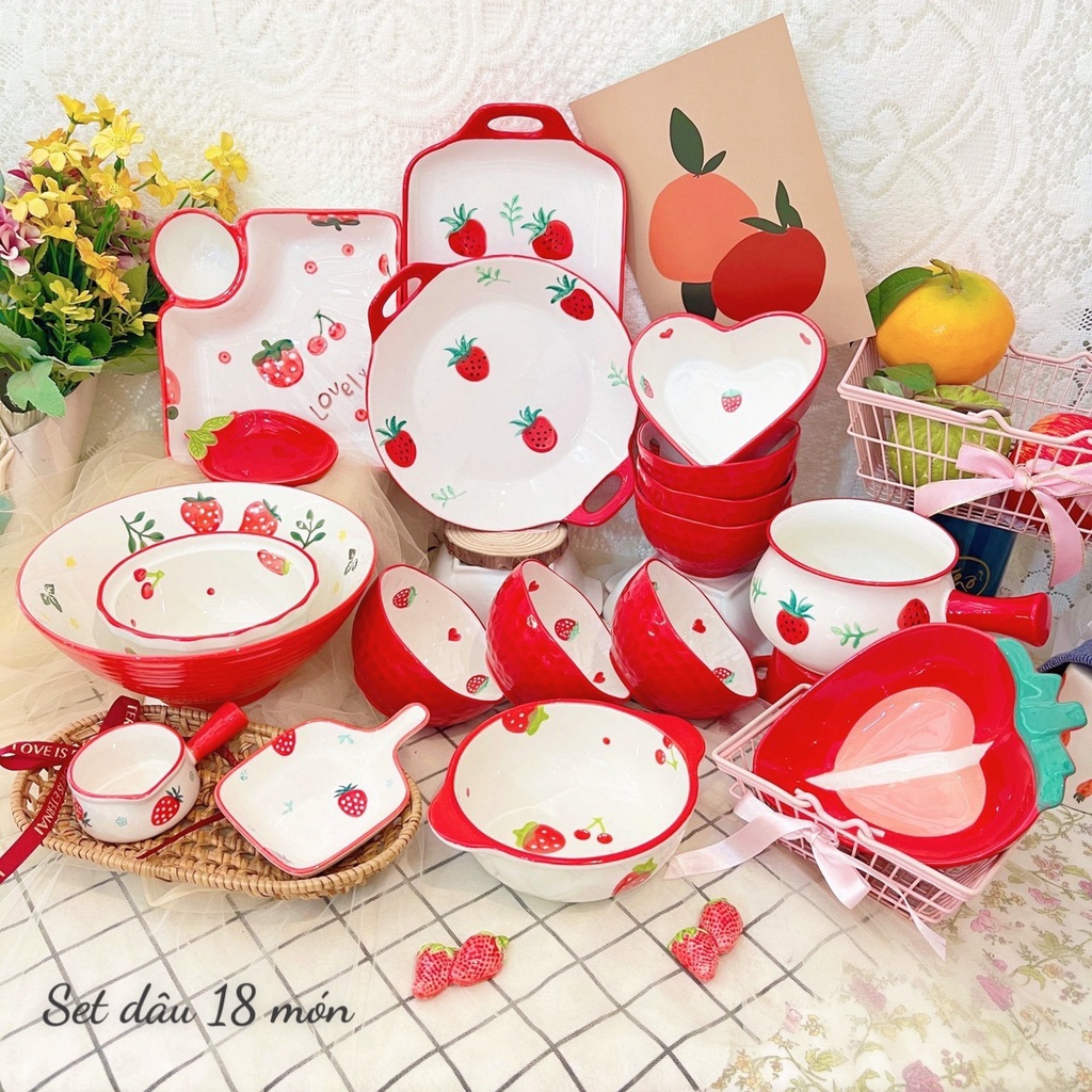 Sét bát đĩa gốm sứ decor trang trí món ăn cực đẹp bộ dâu 18 món xinh yêu