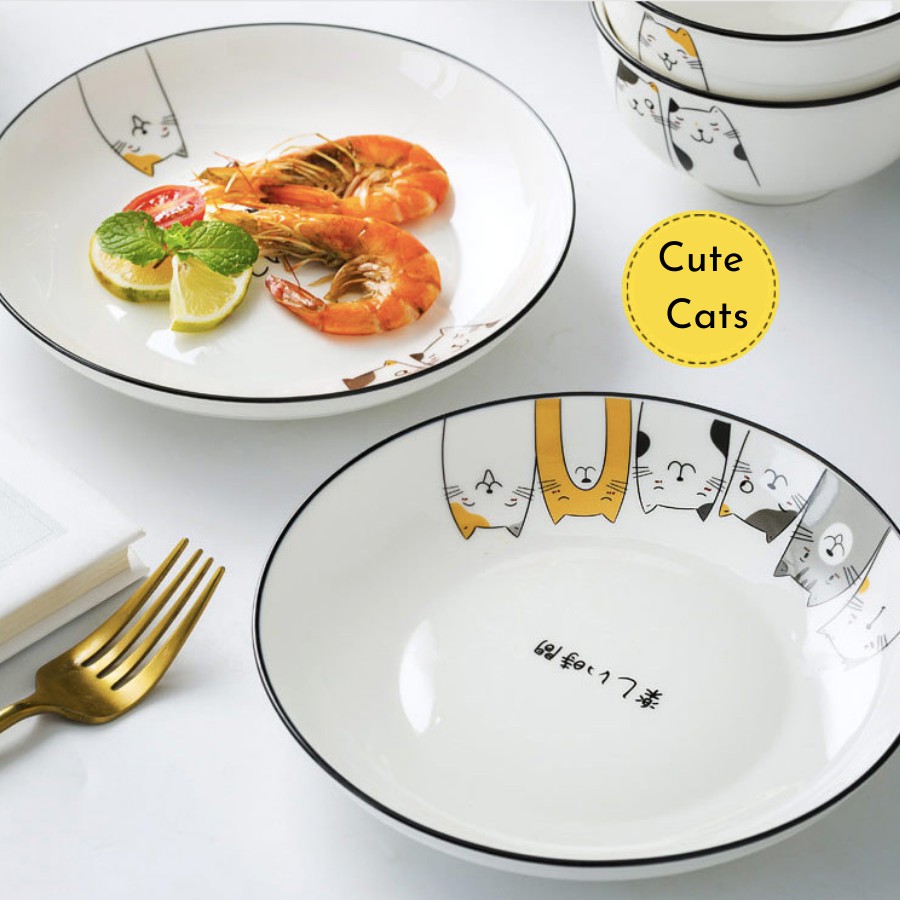Bộ bát đĩa sứ - bộ bát 35 món họa tiết mèo xinh xắn - cho gia đình 6 người