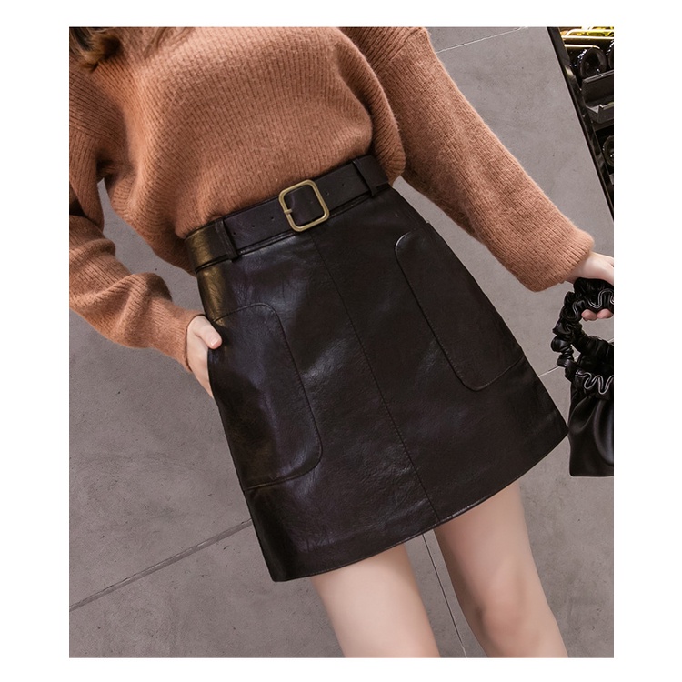 chân váy da chữ a cạp cao 2 túi kèm đai Quảng châu Loại Đẹp