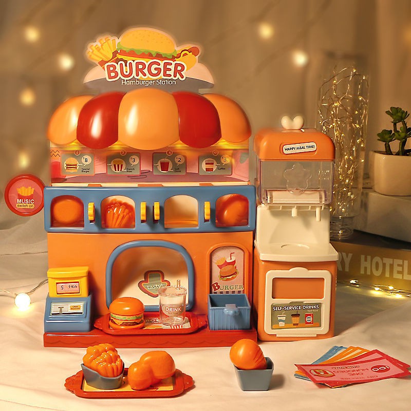 Máy bán bánh hamburger đồ chơi trẻ em mới cho bé trai và gái mô phỏng ngôi nhà rút nước màu gói khuôn bùn