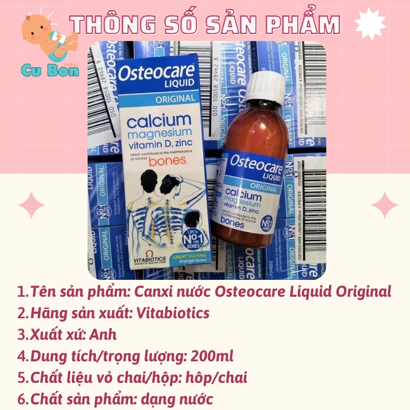 Hỗ trợ xương khớp Canxi nước Osteocare Liquid Original 200ml của Anh cho bé từ 3 tuổi bà bầu người lớn xương khớp kém
