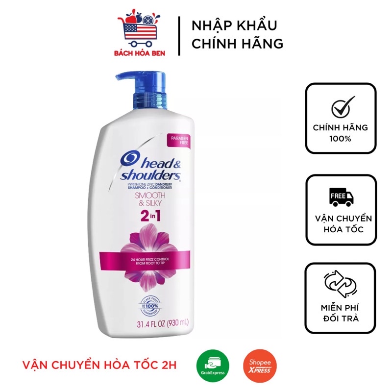 Dầu gội xả Head and Shoulders 2in1 Smooth & Silky 930ml nội địa MỸ