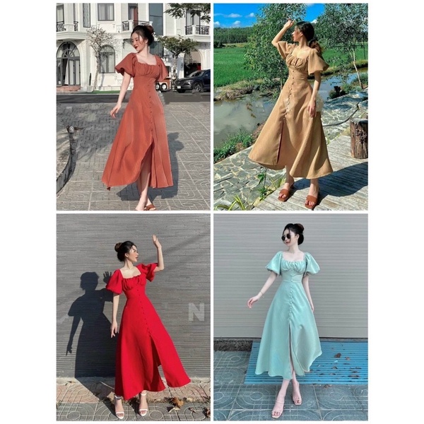 🤍ĐẦM MAXI BASIC TAY BỒNG NÚT BỌC