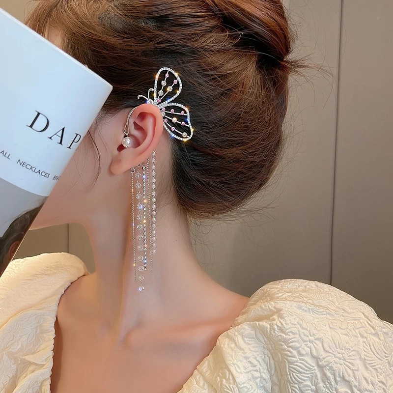 [Women Korean Elegant Pearl Butterfly Tassel Ear Clips] [Ladies Bohemia Rhinestone Statement Drop Earrings] [Korean INS Simple Style Wedding Party Ear Jewelry]