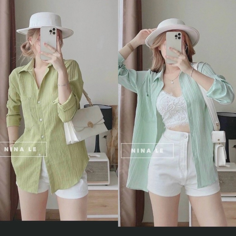 Áo sơ mi gân nổi form rộng dấu quần, Áo kiểu sơ mi cổ bẻ dài SM7742 - NhiNhi Shop