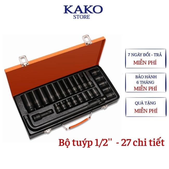Bộ khẩu mở bulong, bộ tuýp 1/2 inch đen thép CR-V 27 chi tiết, Kako