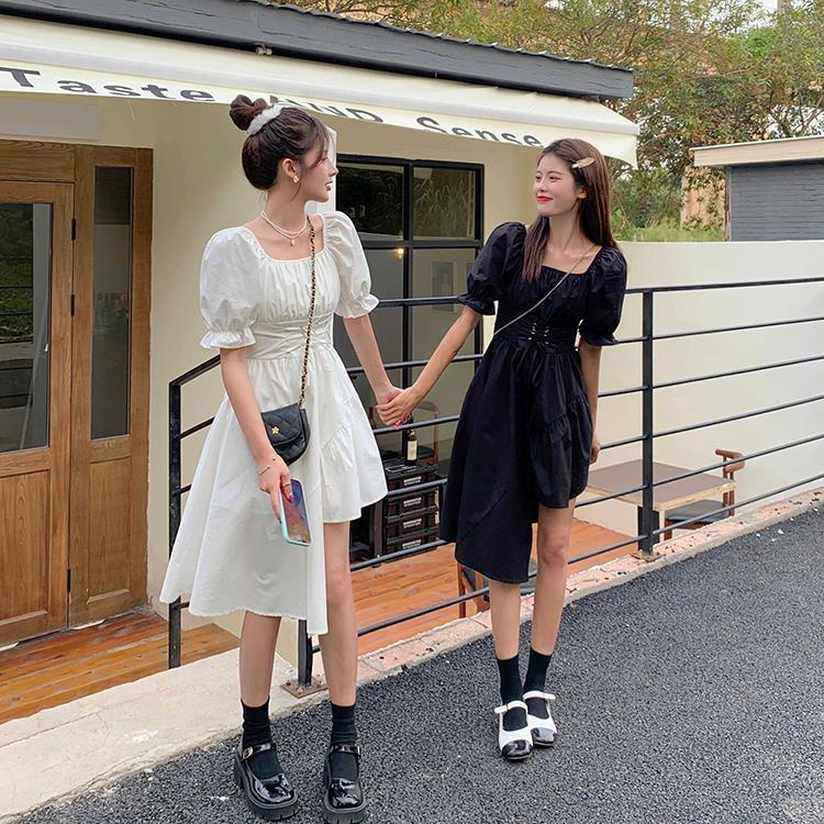 Đầm Tay Phồng Ngắn Cổ Vuông Màu Trơn Thiết Kế Đơn Giản Thời Trang Cho Nữ