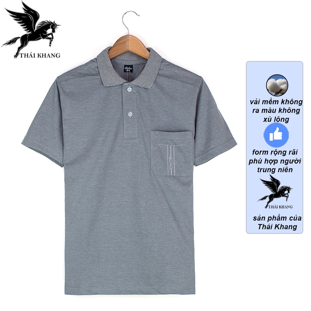 Áo thun nam trung niên có cổ form rộng rãi vải Cotton mềm mát loại áo thun nam ngắn tay có cổ thiêu vai thiêu túi