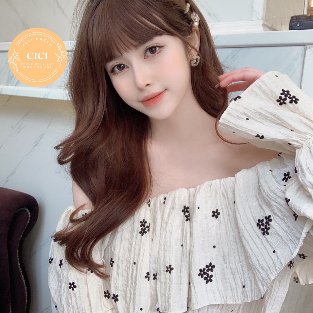 Áo croptop trễ vai hoa nhí tay dài, Áo croptop trắng trễ vai bèo sang chảnh nàng thơ phong cách Hàn Quốc