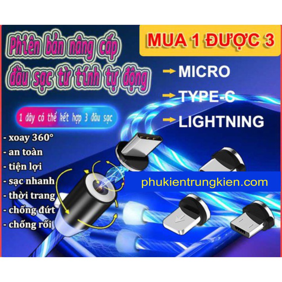 Cáp sạc nam châm đa năng phát sáng  type C/ micro USB/ lightning có đèn led cho iPhone OPPO Huawei hỗ trợ sạc nhanh