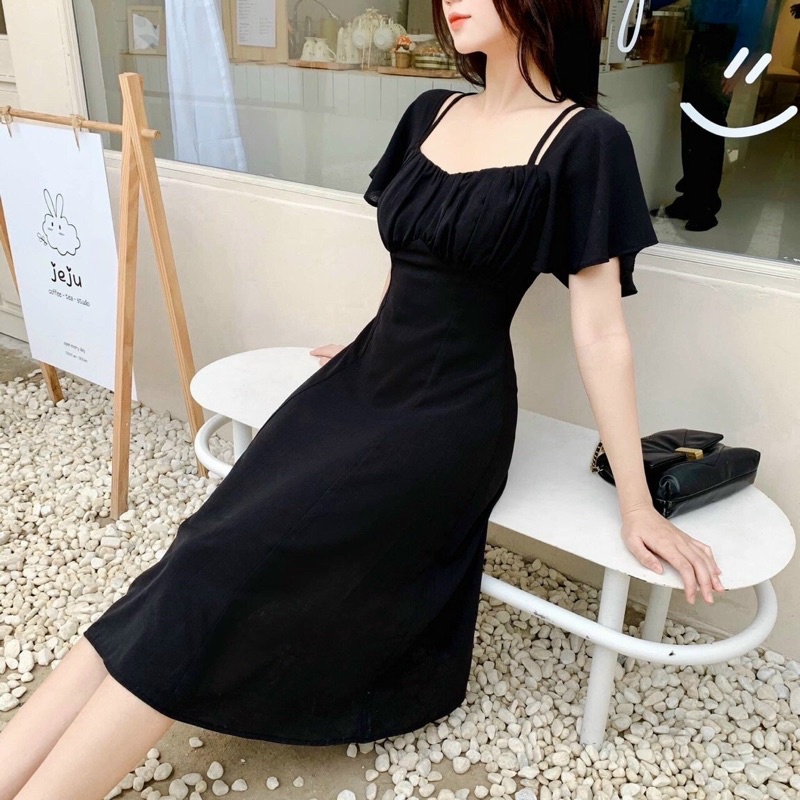Đầm cổ vuông nhún ngực phối dây dáng dài thiết kế cao cấp
