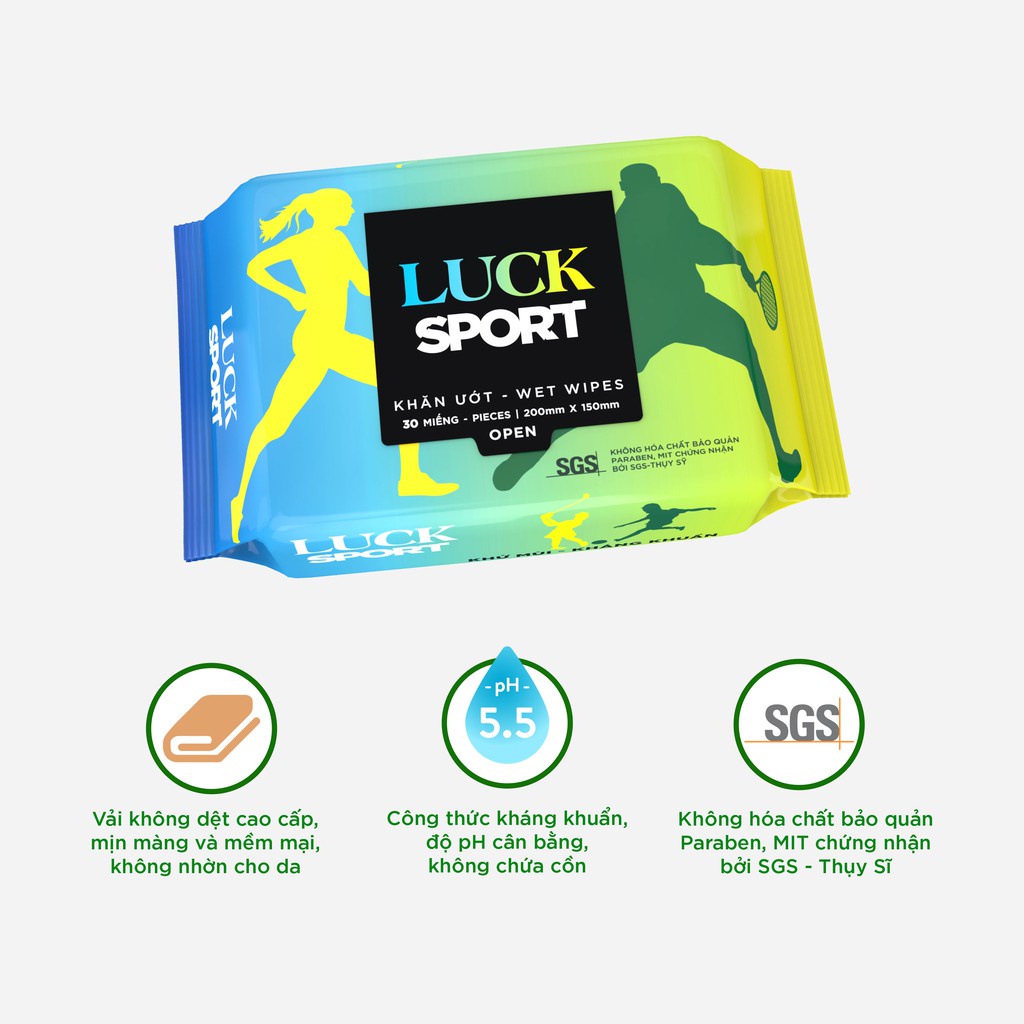 Khăn ướt thể thao khử mùi Luck Sport 30 tờ/gói - Combo 5 gói