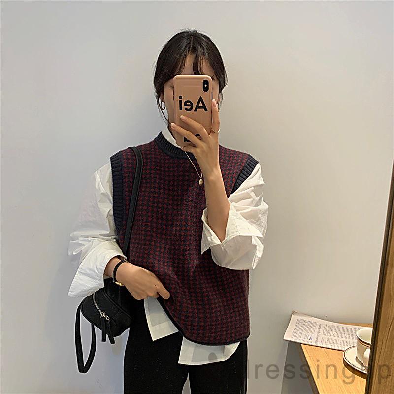 Áo Dệt Kim Không Tay Cổ Tròn Màu Sắc Tương Phản Phong Cách Retro Thời Trang Mùa Thu Cho Nữ