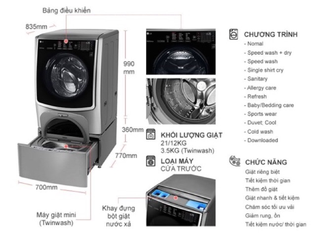 Máy giặt lồng đôi LG Inverter F2721HTTV/T2735NWLV (Miễn phí giao tại HCM-ngoài tỉnh liên hệ shop)