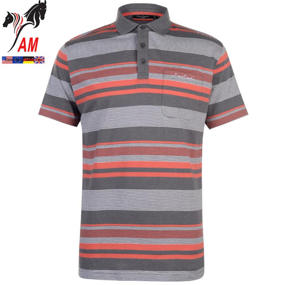 [100% Cotton ] Áo Thun PIERRE AUTHENTIC Cardin Yarn Striped Polo Shirt Mens ( Grey M/Coral - Size EU - UK)) *