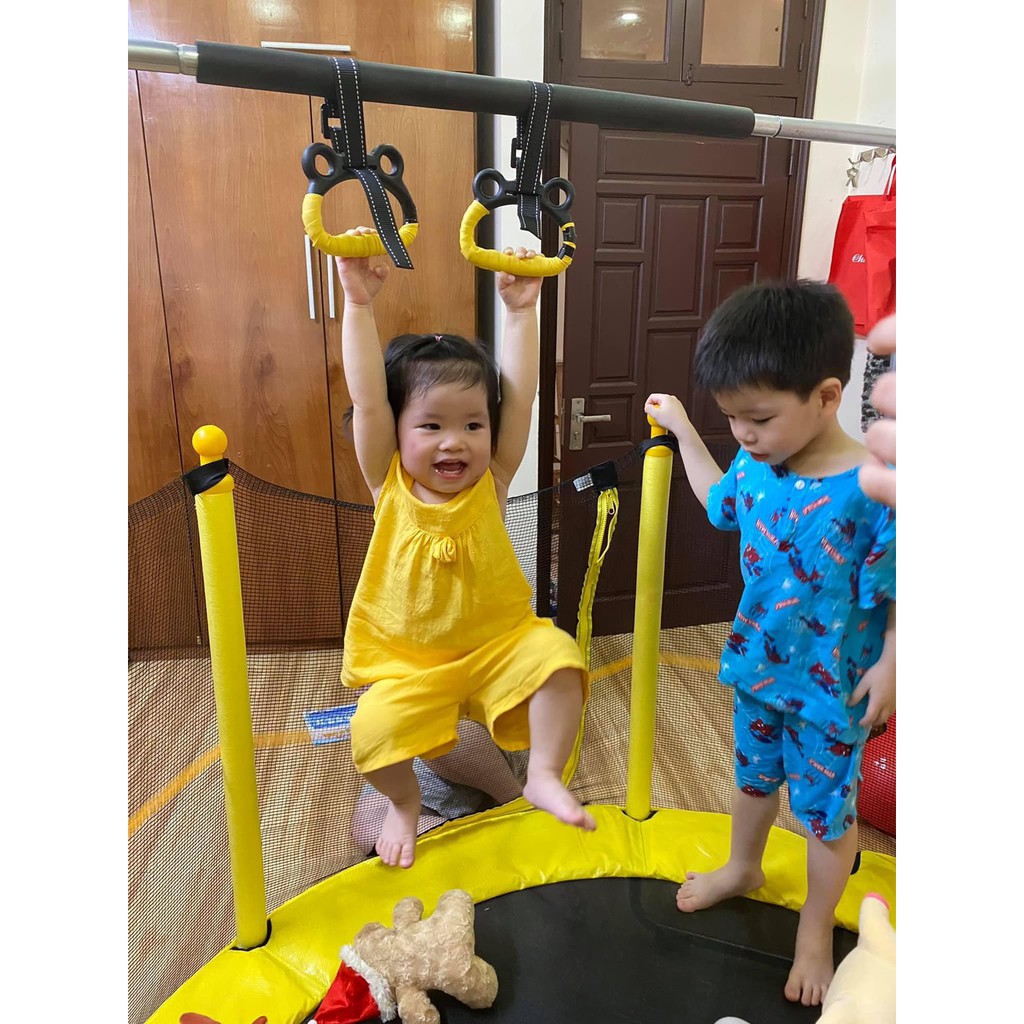 Nhà nhún nhảy, nhà bóng cho bé Trampoline Hopkids, bạt nhún quây bóng có xà đơn vận động tăng chiều cao tải trọng 250kg